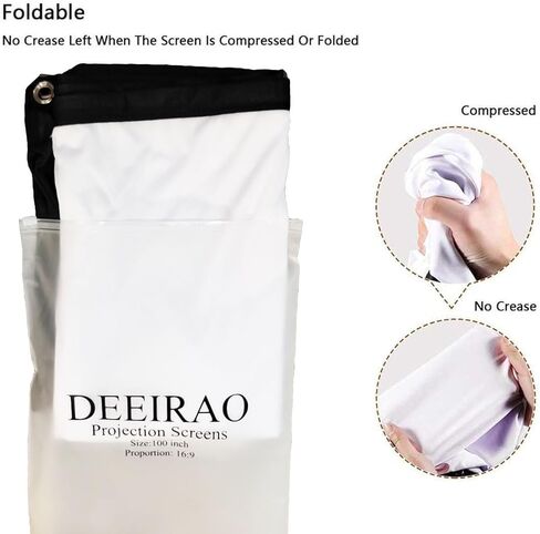 شاشة عرض DEEIRAO 100 بوصة، شاشات عرض المسرح المنزلي المحمولة القابلة للطي 4K ثلاثية الأبعاد شاشة عرض فيلم 16:9 تدعم الإسقاط الأمامي الخلفي للتخييم في الهواء الطلق شاشة فيلم الألعاب 100 بوصة in Kuwait