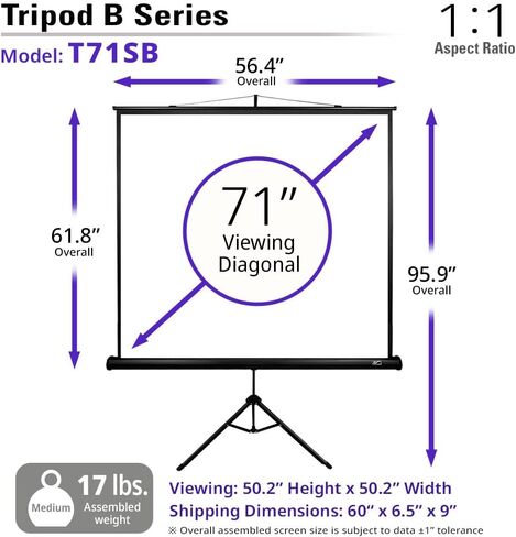 شاشات Elite TRIPOD B، مقاس 71 بوصة، نسبة أبعاد متعددة 1:1، سحب يدوي خفيف الوزن قابل للطي مع حامل، عرض أمامي للمسرح المنزلي، ضمان لمدة عامين من شركة مقرها الولايات المتحدة، حقيبة حمل سوداء، T71SB in Saudi Arabia