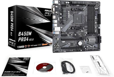 ASROCK B450M PRO4 R2.0 مقبس AM4/ AMD B450/ DDR4/ SATA3&USB3.2/ M.2/ Micro ATX اللوحة الأم in Kuwait