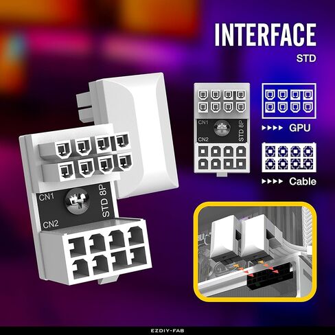 EZDIY-FAB GPU VGA PCIe 8 Pin U Turn 180 درجة زاوية موصل لوحة محول الطاقة لبطاقة رسومات سطح المكتب - النوع العكسي 3 عبوات بيضاء in Kuwait