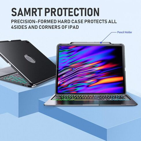 حافظة كيبورد لايباد برو 12.9 انش 2018-الجيل الثالث / 2020-4 الجيل الرابع - لوحة مفاتيح تعمل باللمس متوافقة مع ايباد برو 12.9 - لوحة مفاتيح لاسلكية لحماية الاضاءة الخلفية - تتضمن حامل قلم (اسود) in Kuwait