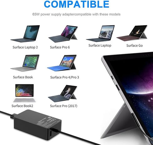 شاحن Surface Pro بقدرة 65 وات لجهاز Microsoft Surface Pro 9 8 3 7 6 5 4 X شاحن الكمبيوتر المحمول Windows Surface 5، 4، 3، 2، 1 Surface Go1، 2، Surface Book 3، 2، 1، مع منفذ شحن USB 5V 1A، يدعم 44 واط، 36 واط، ال اي دي in Kuwait