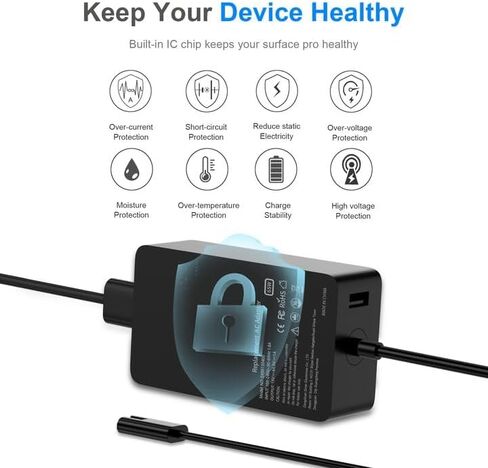 شاحن Surface Pro بقدرة 65 وات لجهاز Microsoft Surface Pro 9 8 3 7 6 5 4 X شاحن الكمبيوتر المحمول Windows Surface 5، 4، 3، 2، 1 Surface Go1، 2، Surface Book 3، 2، 1، مع منفذ شحن USB 5V 1A، يدعم 44 واط، 36 واط، ال اي دي in Kuwait