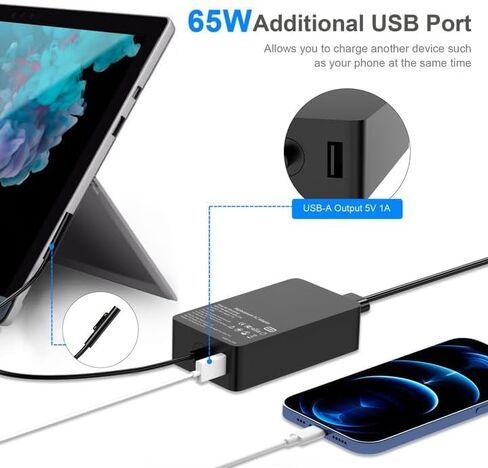 شاحن Surface Pro بقدرة 65 وات لجهاز Microsoft Surface Pro 9 8 3 7 6 5 4 X شاحن الكمبيوتر المحمول Windows Surface 5، 4، 3، 2، 1 Surface Go1، 2، Surface Book 3، 2، 1، مع منفذ شحن USB 5V 1A، يدعم 44 واط، 36 واط، ال اي دي in Kuwait