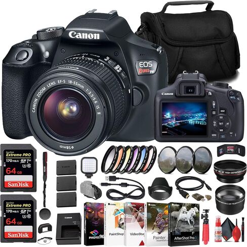 كاميرا Canon EOS Rebel T6 DSLR مع عدسة مقاس 18-55 مم (1159C003) + 2 بطاقة ذاكرة سعة 64 جيجابايت + طقم مرشح الألوان + طقم مرشح + 2 × بطارية LPE10 + عدسة واسعة الزاوية + عدسة مقربة + غطاء عدسة + المزيد (متجددة) in Saudi Arabia