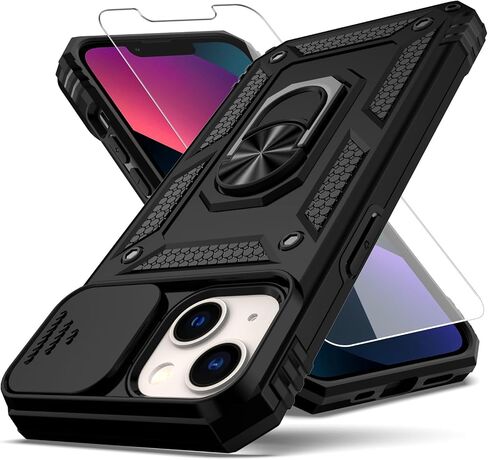 حافظة YZOK لهاتف iPhone 13، مع غطاء عدسة الكاميرا وواقي شاشة HD، [درجة عسكرية] حامل حلقي للسيارة ومسند هجين صلب من مادة TPU الناعمة المقاومة للصدمات لهاتف iPhone 13 - أزرق in Kuwait