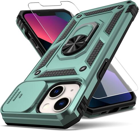 حافظة YZOK لهاتف iPhone 13، مع غطاء عدسة الكاميرا وواقي شاشة HD، [درجة عسكرية] حامل حلقي للسيارة ومسند هجين صلب من مادة TPU الناعمة المقاومة للصدمات لهاتف iPhone 13 - أزرق in Kuwait