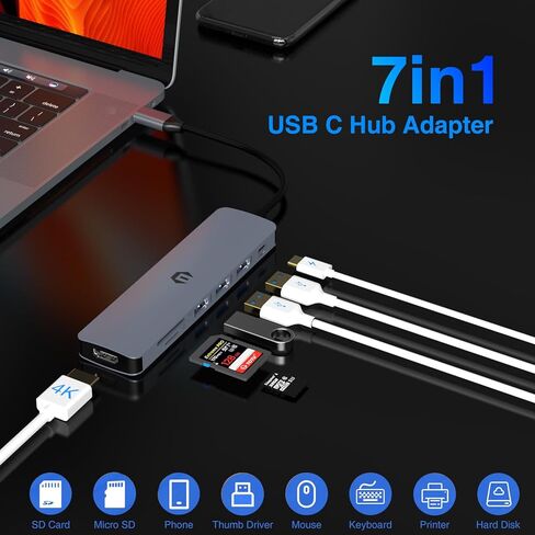 محول متعدد المنافذ USB C Hub من Tiergrade، محطة إرساء USB C 7 في 1 مع HDMI، منفذ شحن PD 100 وات، 3 USB 3.0، قارئ بطاقة SD/TF لجهاز MacBook Pro/Air، Chromebook in Saudi Arabia