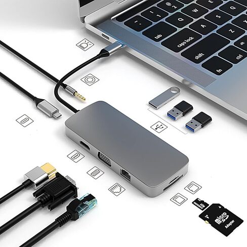 موزع يو اس بي سي 10 في 1، محطة الاقتران للكمبيوتر المحمول USB-C ، محول يو اس بي سي إلى HDMI لماك بوك ويندوز مع 4K HDMI VGA Ethernet PD 3. 0 USB Audio RJ45 TF/SD in Kuwait