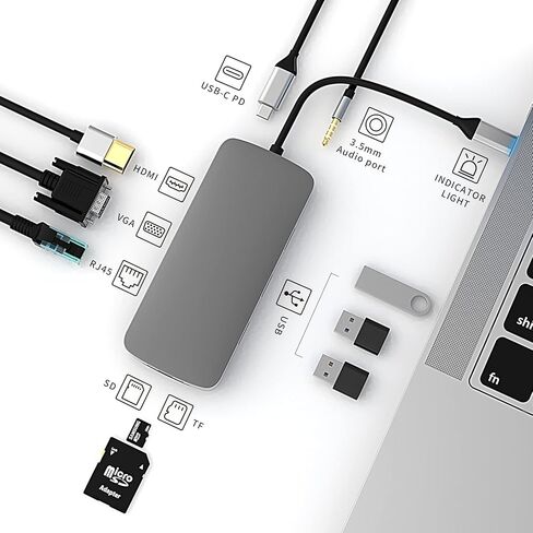 موزع يو اس بي سي 10 في 1، محطة الاقتران للكمبيوتر المحمول USB-C ، محول يو اس بي سي إلى HDMI لماك بوك ويندوز مع 4K HDMI VGA Ethernet PD 3. 0 USB Audio RJ45 TF/SD in Kuwait