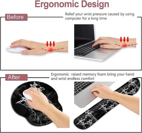 Ergonomic Wrist Protection Mouse Pad Wrist Guard and Keyboard Wrist Rest, Non-Slip Rubber Base Mouse Pad Sunflower and ECG Stethoscope Pattern, Personalized Fashionable Black Office Accessories in Saudi Arabia