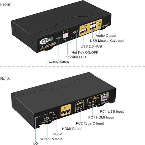 CKLau 2 منفذ KVM HDMI + USB-C 4K60 هرتز 2K144 هرتز مع صوت وكابلات لأجهزة Mac/أجهزة الكمبيوتر/شاشة مشاركة الهاتف المحمول ولوحة المفاتيح والماوس in Kuwait
