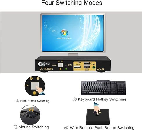CKLau 2 منفذ KVM HDMI + USB-C 4K60 هرتز 2K144 هرتز مع صوت وكابلات لأجهزة Mac/أجهزة الكمبيوتر/شاشة مشاركة الهاتف المحمول ولوحة المفاتيح والماوس in Kuwait
