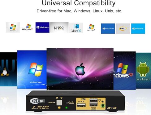 CKLau 2 منفذ KVM HDMI + USB-C 4K60 هرتز 2K144 هرتز مع صوت وكابلات لأجهزة Mac/أجهزة الكمبيوتر/شاشة مشاركة الهاتف المحمول ولوحة المفاتيح والماوس in Kuwait