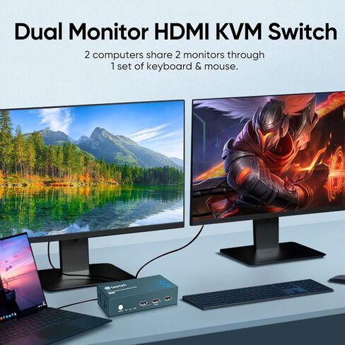 شاشات مزدوجة KVM Switch 2 منفذ 4K@60 هرتز، HDMI KVM Switch 2 شاشات 2 جهاز كمبيوتر مع 3 USB 2.0 Hub، مشاركة طابعة لوحة المفاتيح والماوس، مفتاح الزر وEDID التكيفي in Kuwait