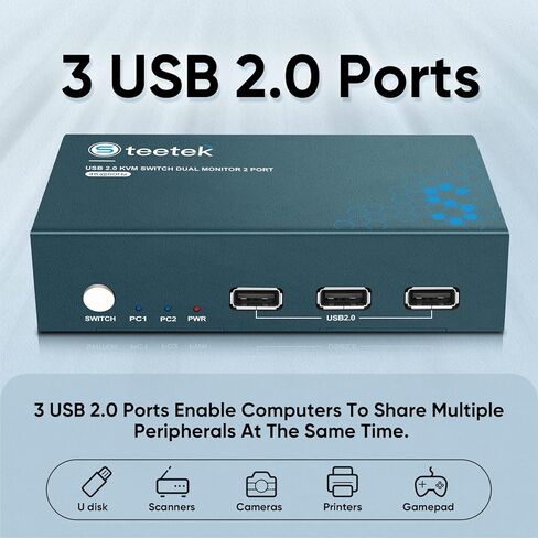 شاشات مزدوجة KVM Switch 2 منفذ 4K@60 هرتز، HDMI KVM Switch 2 شاشات 2 جهاز كمبيوتر مع 3 USB 2.0 Hub، مشاركة طابعة لوحة المفاتيح والماوس، مفتاح الزر وEDID التكيفي in Kuwait