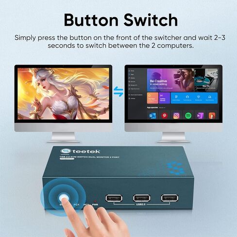 شاشات مزدوجة KVM Switch 2 منفذ 4K@60 هرتز، HDMI KVM Switch 2 شاشات 2 جهاز كمبيوتر مع 3 USB 2.0 Hub، مشاركة طابعة لوحة المفاتيح والماوس، مفتاح الزر وEDID التكيفي in Kuwait