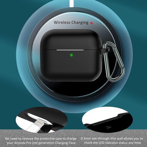 غطاء حافظة Coffea for Airpods Pro الجيل الثاني، حافظة واقية من السيليكون الناعم ممتصة للصدمات مع سلسلة مفاتيح لجهاز Apple Airpods Pro 2 الجديد 2022 [مصباح LED أمامي مرئي] - أسود in Kuwait