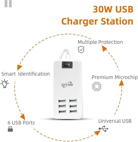 Multi USB Charger, 6 Port USB Charging Station for Multiple Devices, Phone, Tablet, Power Strip with ON/Off Switch (White) in Kuwait