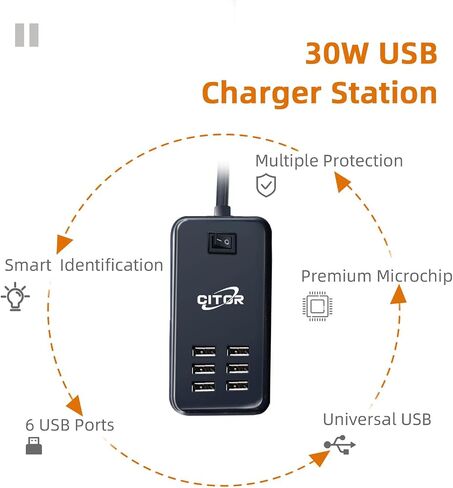 شاحن USB متعدد المنافذ، محطة شحن USB بـ 6 منافذ لأجهزة متعددة، الهاتف، الكمبيوتر اللوحي، شريط الطاقة مع مفتاح تشغيل/إيقاف (أسود) in Saudi Arabia