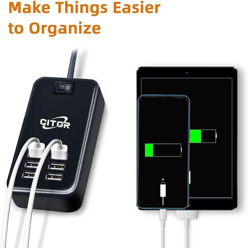 شاحن USB متعدد المنافذ، محطة شحن USB بـ 6 منافذ لأجهزة متعددة، الهاتف، الكمبيوتر اللوحي، شريط الطاقة مع مفتاح تشغيل/إيقاف (أسود) in Saudi Arabia