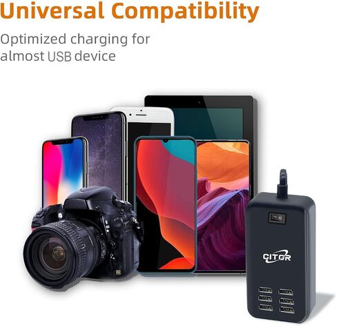 شاحن USB متعدد المنافذ، محطة شحن USB بـ 6 منافذ لأجهزة متعددة، الهاتف، الكمبيوتر اللوحي، شريط الطاقة مع مفتاح تشغيل/إيقاف (أسود) in Saudi Arabia