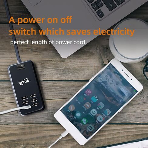 شاحن USB متعدد المنافذ، محطة شحن USB بـ 6 منافذ لأجهزة متعددة، الهاتف، الكمبيوتر اللوحي، شريط الطاقة مع مفتاح تشغيل/إيقاف (أسود) in Saudi Arabia