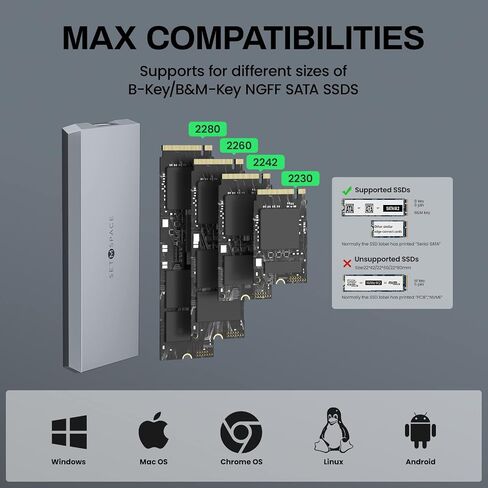 M.2 Enclosure ['Tough Guy' Quality], Solid Aluminium Alloy Case for B-Key SATA SSD, SETMSPACE Screw Fixed M.2 SSD Enclosure with USB C/A Cable, External M.2 Enclosure for 2230/2242/2260/2280-Grey in Saudi Arabia