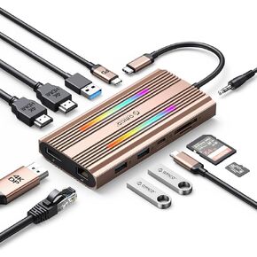 محطة إرساء USB C إلى محول HDMI مزدوج، ORICO 12 في 1 RGB USB C Hub مع HDMI مزدوج، DP 1.4، 100W PD، إيثرنت، 4 منافذ USB، SD/TF، ​​صوت، 14 وضع إضاءة RGB، متوافق مع نظام التشغيل Windows/Mac OS (رمادي) in Kuwait