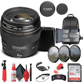 عدسة Canon EF مقاس 85 مم f/1.8 USM (2519A003) + طقم فلتر + حقيبة ظهر + بطاقة سعة 64 جيجابايت + حقيبة عدسة + قارئ بطاقات + حامل ثلاثي القوائم مرن + محفظة ذاكرة + حافظة للأغطية + طقم تنظيف + حزام يد + المزيد (متجددة) in Kuwait