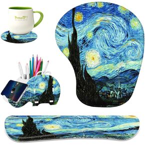 Keyboard Wrist Rest Pad Ergonomic Mouse Pad Set,Non-Slip PU Base for Laptop, Home, Gaming, Office,Matching Elephant Pen Holder and Cup Coaster(Starry Night)
