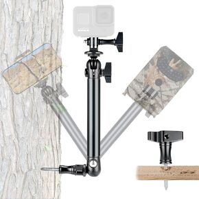 Adjustable 2-Ball-Head Arm Outdoor Phone Hunting Trail Action Camera Time Lapse Vlogging Mount Stand Holder Tree Wood Mounting Screw Brackets for iPhone Samsung Smartphone Gopro Akaso Blink Arlo