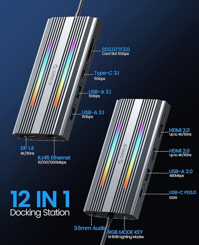 محطة إرساء USB C إلى محول HDMI مزدوج، ORICO 12 في 1 RGB USB C Hub مع HDMI مزدوج، DP 1.4، 100W PD، إيثرنت، 4 منافذ USB، SD/TF، ​​صوت، 14 وضع إضاءة RGB، متوافق مع نظام التشغيل Windows/Mac OS (رمادي) in Kuwait