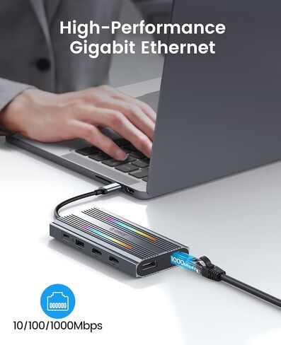 محطة إرساء USB C إلى محول HDMI مزدوج، ORICO 12 في 1 RGB USB C Hub مع HDMI مزدوج، DP 1.4، 100W PD، إيثرنت، 4 منافذ USB، SD/TF، ​​صوت، 14 وضع إضاءة RGB، متوافق مع نظام التشغيل Windows/Mac OS (رمادي) in Kuwait