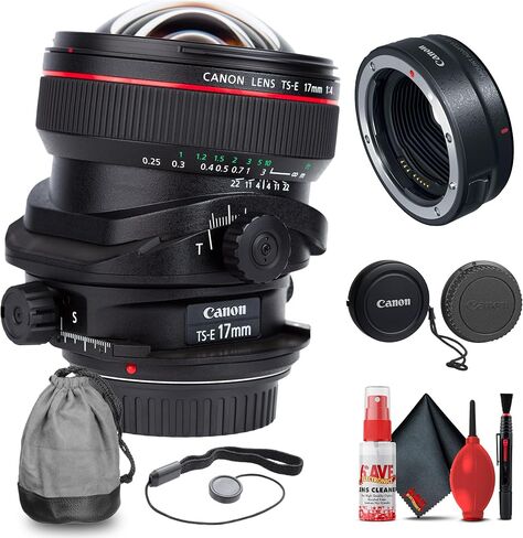 عدسة Canon TS-E مقاس 17 مم f/4L قابلة للإمالة مع موسع Canon RF 1.4X + طقم تنظيف + حافظة غطاء (متجددة) in Saudi Arabia