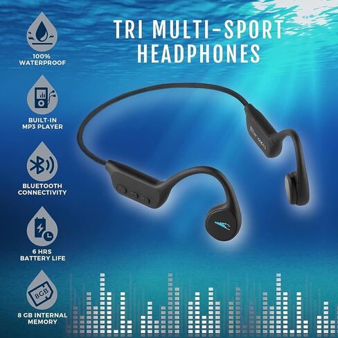 H2O Audio TRI Multi-Sport Waterproof Bone Conduction Headphones, Bluetooth Open Ear Headphones with Built-In MP3 Player -up to 6-Hour Battery Life, 8 GB -For Swimming, Running, Cycling, Hiking (Black) in Kuwait