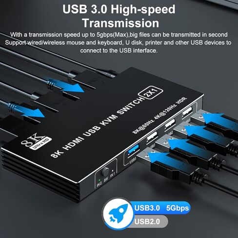 محول USB 3.0 KVM، محول 8K HDMI KVM يشارك جهازي كمبيوتر، مفتاح شاشة واحد، يدعم 8K 60 هرتز، 4K 120 هرتز، YUV 4:4:4، HDCP 2.3، HDR 10 لأجهزة الكمبيوتر المحمول، الكمبيوتر الشخصي، Xbox، HDTV مع كابل USB 3.0 2X in Kuwait