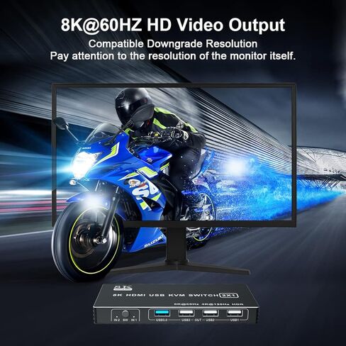 محول USB 3.0 KVM، محول 8K HDMI KVM يشارك جهازي كمبيوتر، مفتاح شاشة واحد، يدعم 8K 60 هرتز، 4K 120 هرتز، YUV 4:4:4، HDCP 2.3، HDR 10 لأجهزة الكمبيوتر المحمول، الكمبيوتر الشخصي، Xbox، HDTV مع كابل USB 3.0 2X in Kuwait