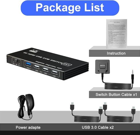 محول USB 3.0 KVM، محول 8K HDMI KVM يشارك جهازي كمبيوتر، مفتاح شاشة واحد، يدعم 8K 60 هرتز، 4K 120 هرتز، YUV 4:4:4، HDCP 2.3، HDR 10 لأجهزة الكمبيوتر المحمول، الكمبيوتر الشخصي، Xbox، HDTV مع كابل USB 3.0 2X in Kuwait