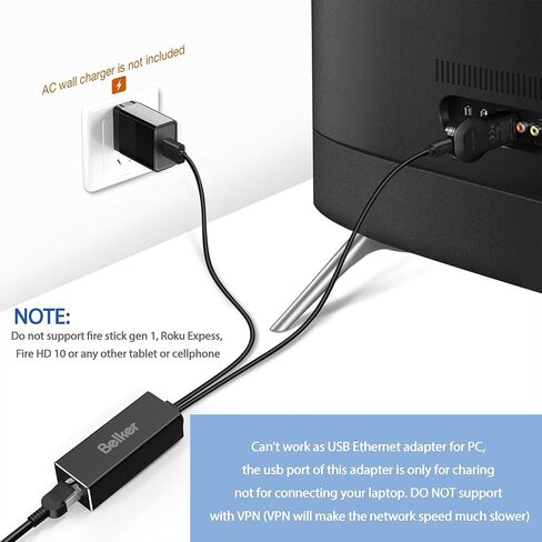 محول إيثرنت لتلفاز الحريق من Belker Fire Stick Ethernet Adapter / محول إيثرنت مايكرو يو اس بي إلى آر جيه 45 ، كابل يو اس بي إلى آر جيه 45 لستيك تلفاز الحريق (الجيل الثاني جيني)، تلفاز إطفاء جديد بالكامل (2017)، كروم كاست Ultra/2/1/Audio إلخ. in Kuwait