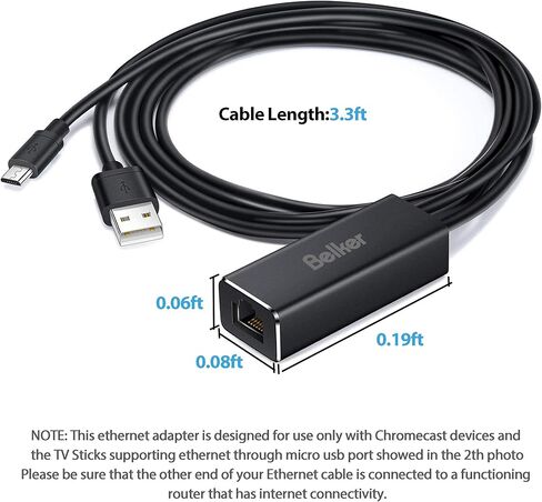 محول إيثرنت لتلفاز الحريق من Belker Fire Stick Ethernet Adapter / محول إيثرنت مايكرو يو اس بي إلى آر جيه 45 ، كابل يو اس بي إلى آر جيه 45 لستيك تلفاز الحريق (الجيل الثاني جيني)، تلفاز إطفاء جديد بالكامل (2017)، كروم كاست Ultra/2/1/Audio إلخ. in Kuwait