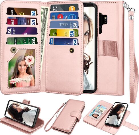 Njjex For Galaxy S9 Plus Case, For S9 Plus Wallet Case, PU Leather [9 Card Slots] Credit Magnetic Folio Flip Cover [Detachable][Kickstand] Phone Case & Wrist Lanyard For Samsung S9 Plus S9+ - RoseGold in Saudi Arabia