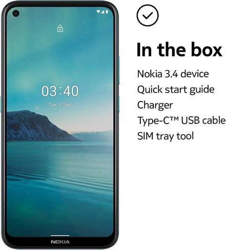 Nokia 3.4 | Android 10 | Unlocked Smartphone | 2-Day Battery | US Version | 3/64GB | 6.39-Inch Screen | Triple Camera | Fjord Blue in Saudi Arabia