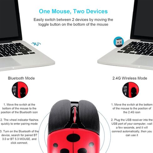 تشويي ماوس بلوتوث لاسلكي، ماوس هادئ قابل لاعادة الشحن بنمط دعسوقة لطيفة، ماوس محمول للسفر 1600 نقطة لكل بوصة، ماوس مكتب لاسلكي صامت بصري للكمبيوتر واللابتوب هدية (احمر) in Kuwait