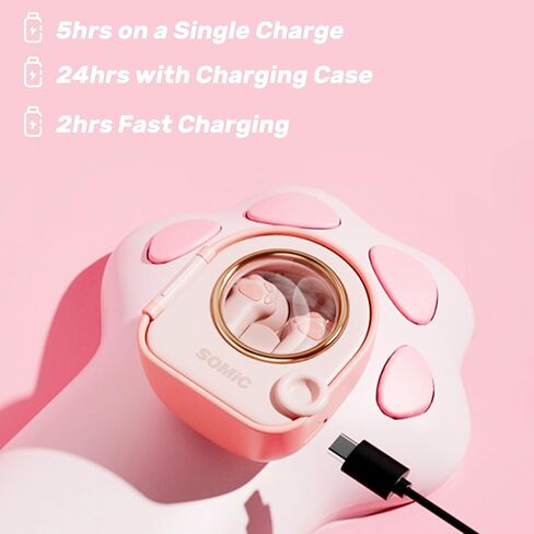 SOMIC Pink Cat Bluetooth Earbuds, Wireless Cute Headphones with Charging Case, in-Ear Light-Weight Headphones for Girls, Women, Kids Birthday Gift in Kuwait