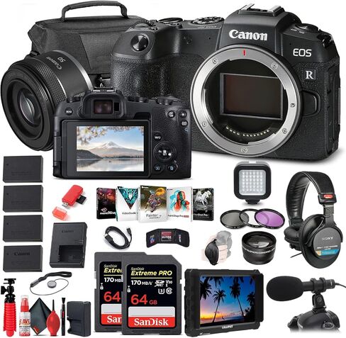 كاميرا Canon EOS RP الرقمية بدون مرآة (الهيكل فقط) (3380C002) + عدسة Canon RF مقاس 50 مم f/1.8 STM + شاشة 4K + سماعات رأس Pro + ميكروفون Pro + بطاقة ذاكرة سعة 2 × 64 جيجابايت + حقيبة + مجموعة مرشح + المزيد (متجددة) in Saudi Arabia