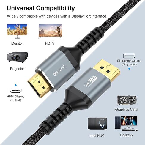 UKYEE 4K Displayport إلى كابل hdmi 6 أقدام، منفذ عرض DP إلى سلك HDMI 6ft 3840X2160P ذكر إلى ذكر لأجهزة الكمبيوتر المحمول in Kuwait