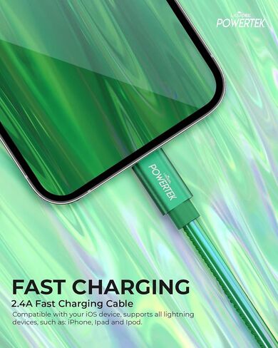 LIQUIPEL Powertek iPhone Charger Cable [MFI Certified], Fast Charging 6ft Lightning to USB Cord Adapter, Compatible for iPad, Metallic Shine (Green) in Kuwait