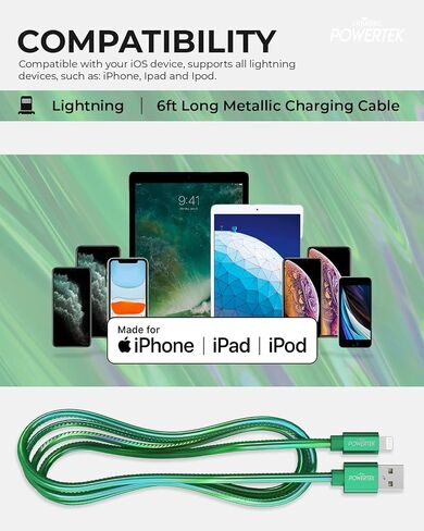 LIQUIPEL Powertek iPhone Charger Cable [MFI Certified], Fast Charging 6ft Lightning to USB Cord Adapter, Compatible for iPad, Metallic Shine (Green) in Kuwait