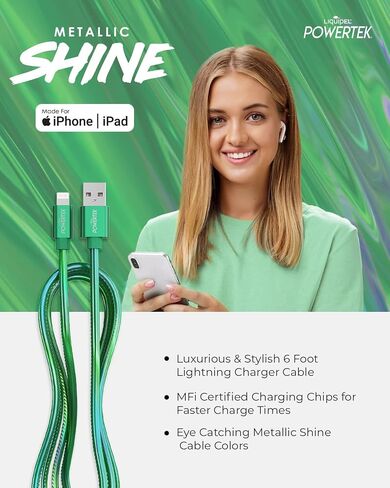 LIQUIPEL Powertek iPhone Charger Cable [MFI Certified], Fast Charging 6ft Lightning to USB Cord Adapter, Compatible for iPad, Metallic Shine (Green) in Kuwait